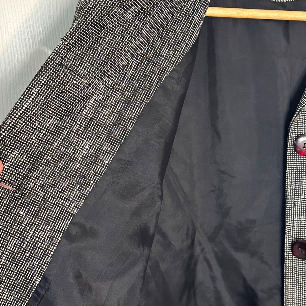 Vintage Silk Blazer Woven Tweed Jacket Black White Boxy Patch Pockets Size 6 - Picture 10 of 12